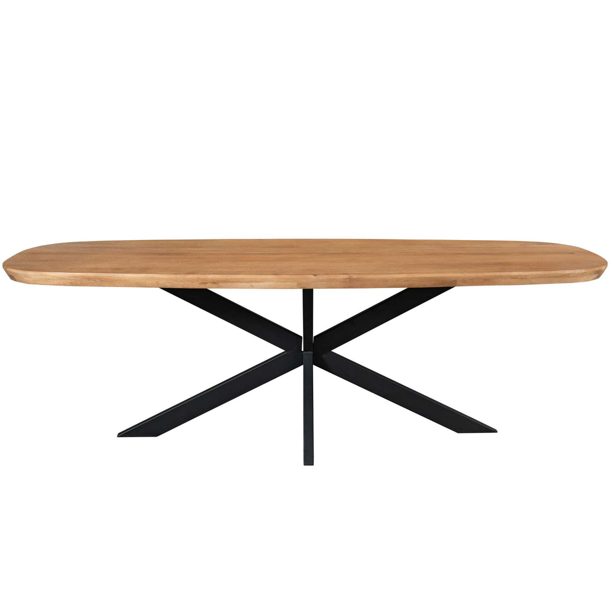 Ovale houten eettafel met naturel blad en zwarte X-onderstel
