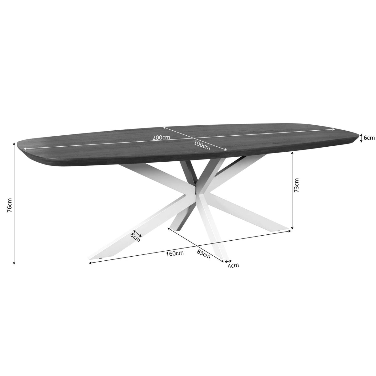 Ovale eettafel met donker blad en zwart onderstel, met maatvoering