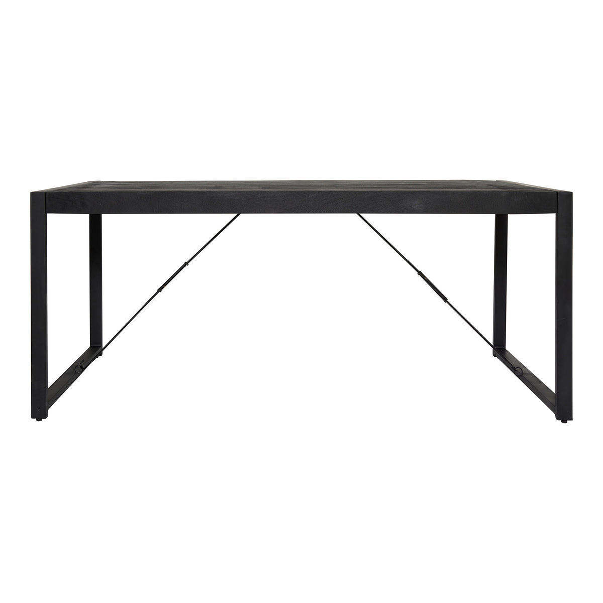 Rechthoekige zwarte eettafel met zwart metalen frame en diagonaal schoor