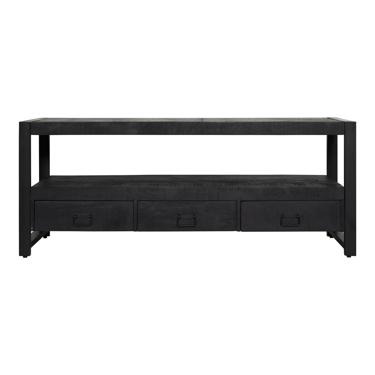 Zwart tv-meubel met open frame en drie laden