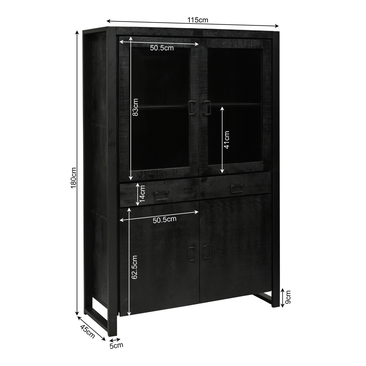 Vitrinekast afmetingen: 115 cm breed, 180 cm hoog en 90 cm diep