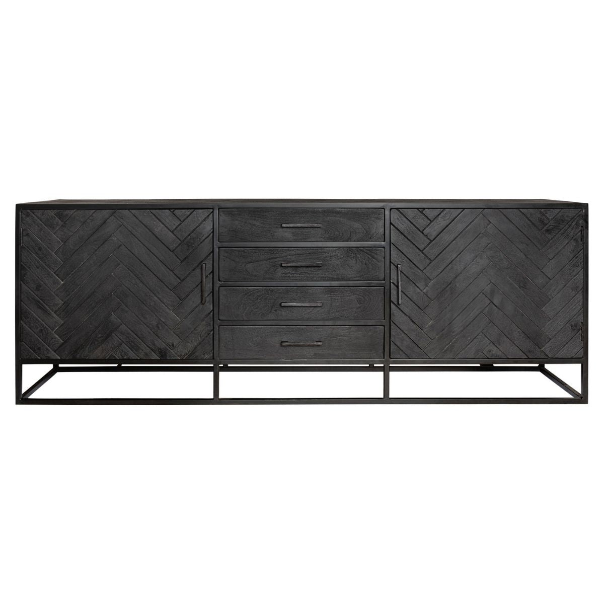Dressoir front met visgraat deuren, 3 middelste laden en open onderruimte