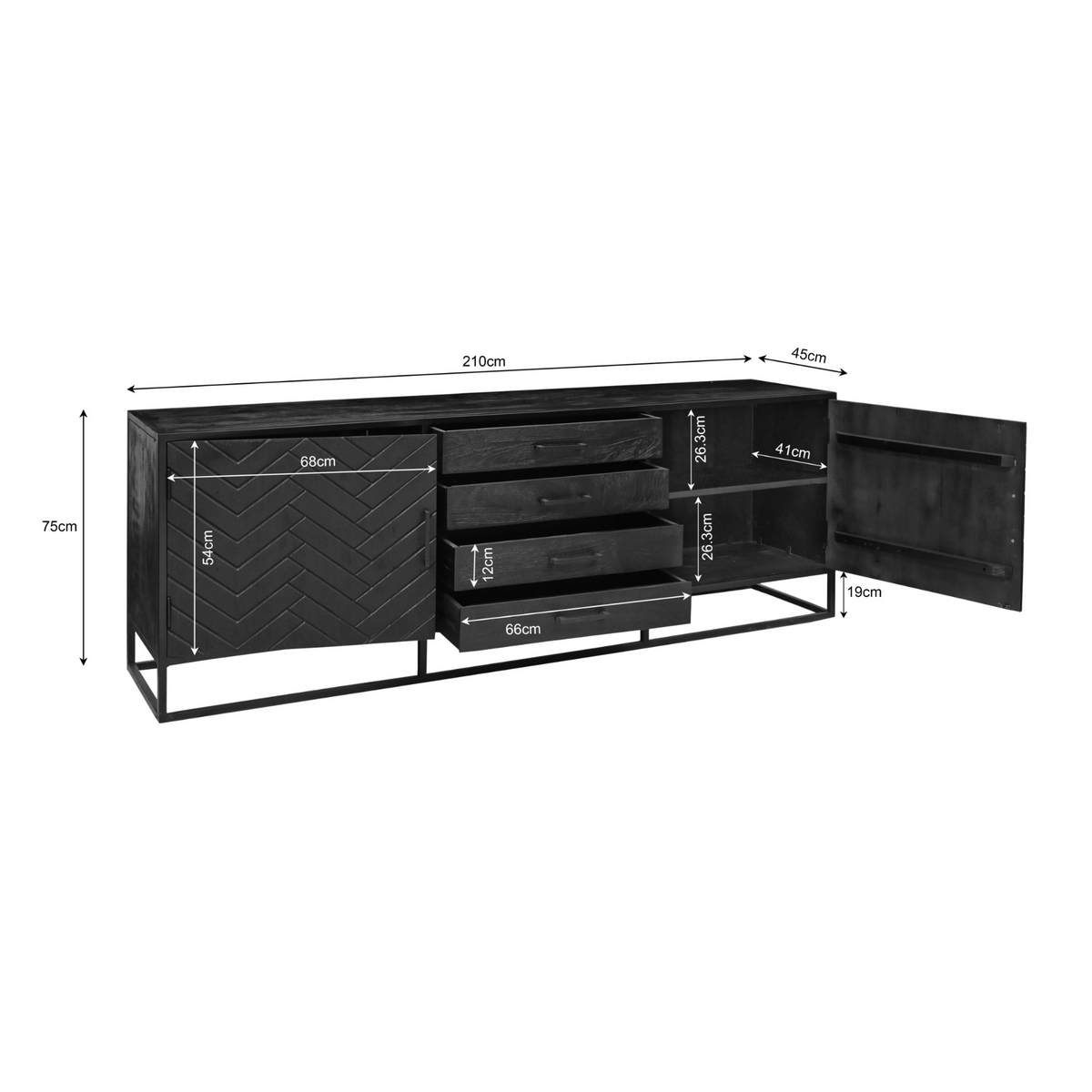 Dressoir met afmetingen 210×75×45 cm, visgraatpanelen, 3 laden en 2 deuren