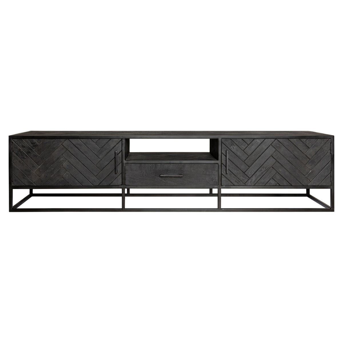 Tv-meubel 210 cm met 2 deuren, middenlade en open vak, donkergrijs geruit