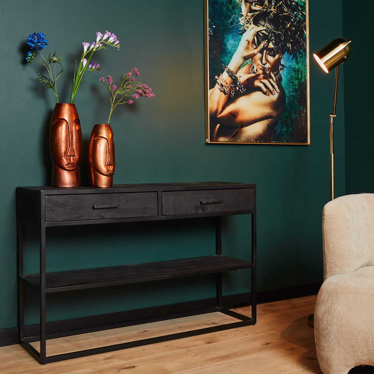 Console sidetable met 2 lades en open plank, donker hout en zwart frame