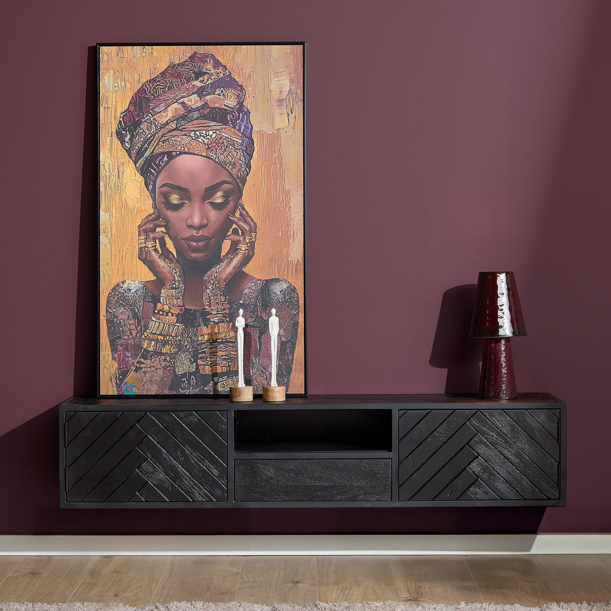 Zwevend tv-meubel New York van donker hout met opbergvakken en open middenvak, 160 cm.