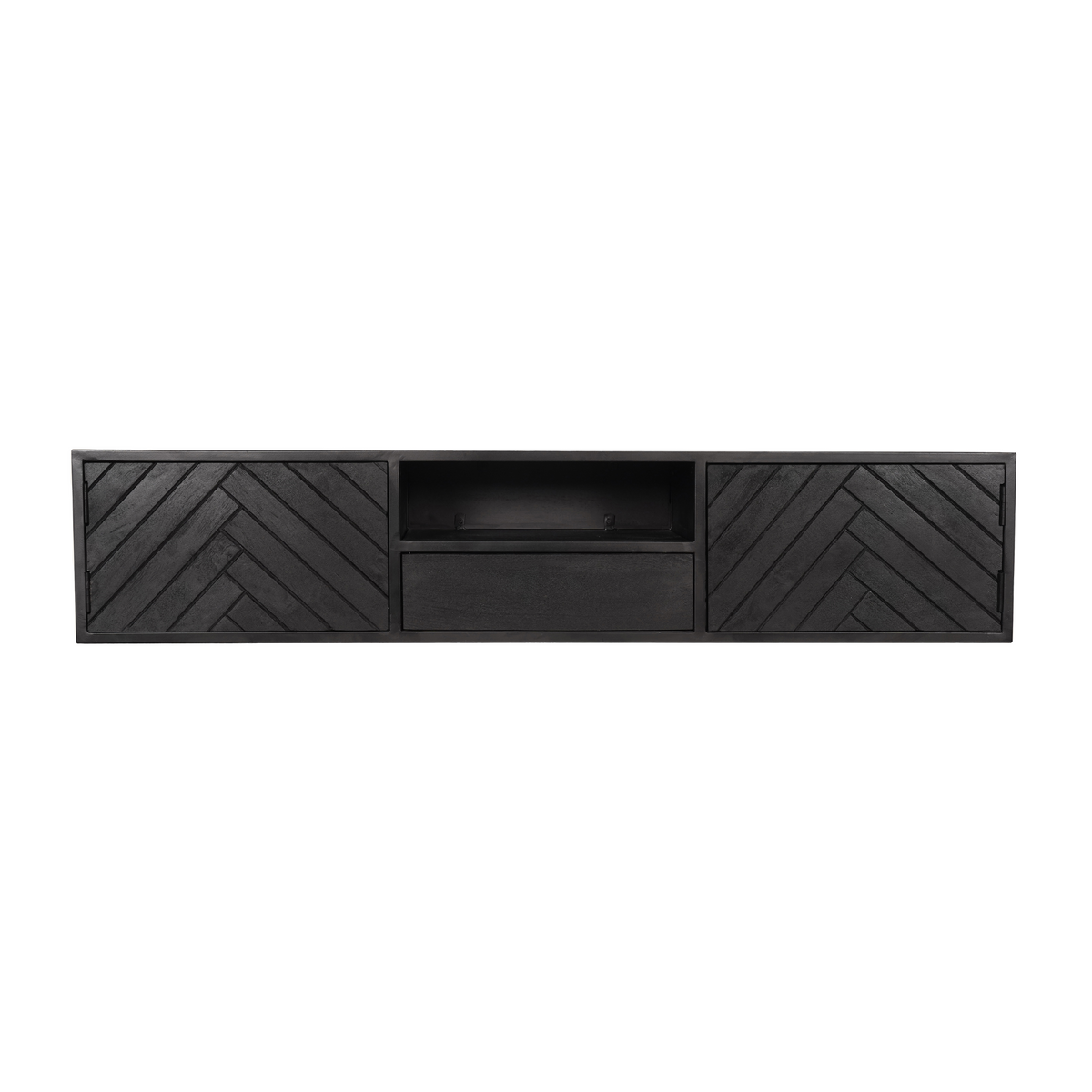 Zwevend tv-meubel donker hout met twee kleppen en middelste lade, diagonale panelen.