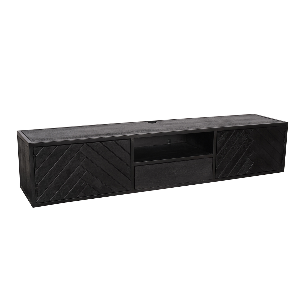 Zwevend tv-meubel donker hout met open middenvak en opbergvakken, schuine decorstructuur.