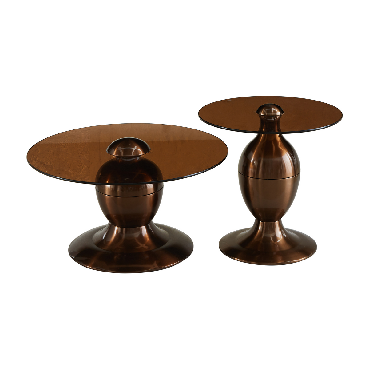 Salontafel set van 2 met ronde donkerbruine bladen en bronskleurige pedestalvoet