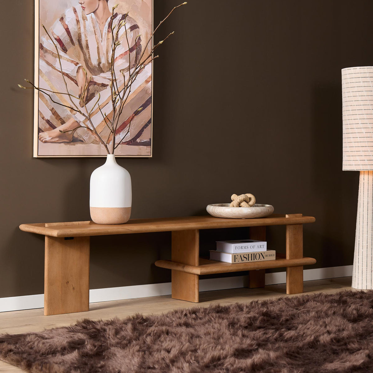 Tv-meubel met houten blad en open opbergruimte, bruin hout met lage planken