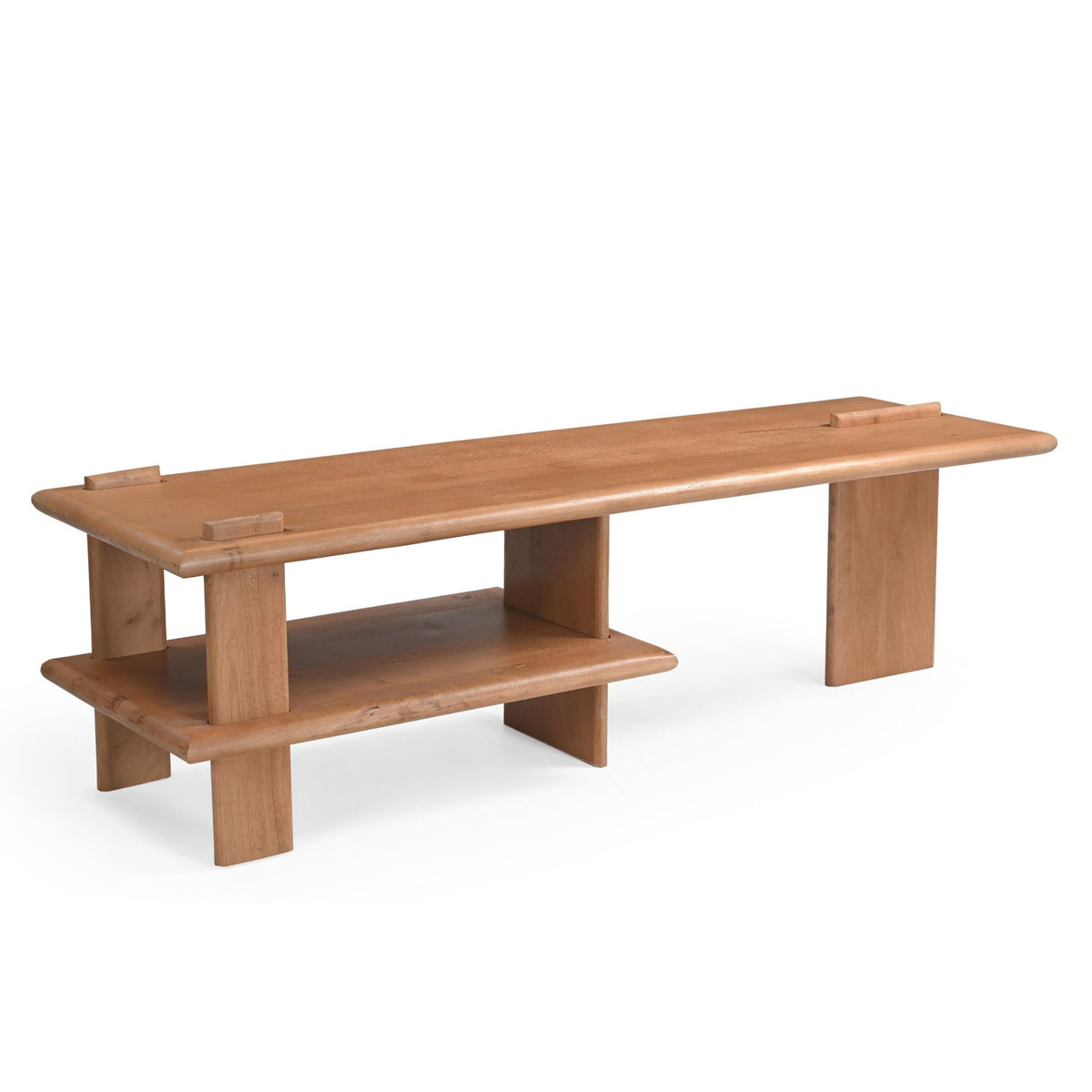 Tv-meubel met smalle open schappen onder het blad, bruin houten frame
