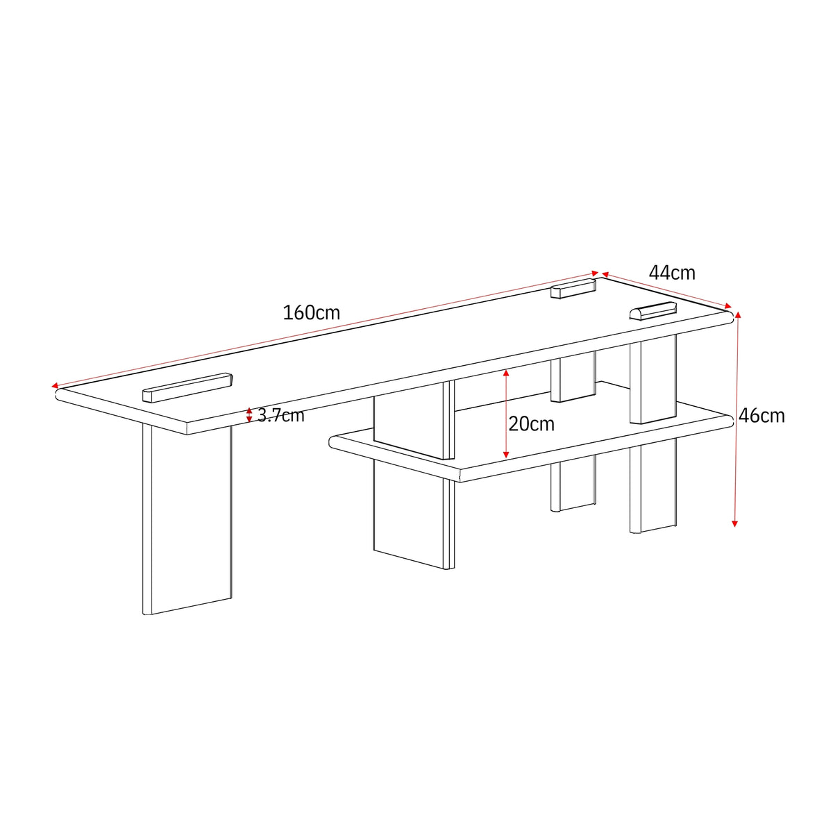Tv-meubel maatvoering: lengte 160 cm, hoogte 46 cm, diepte 44 cm (tekening)