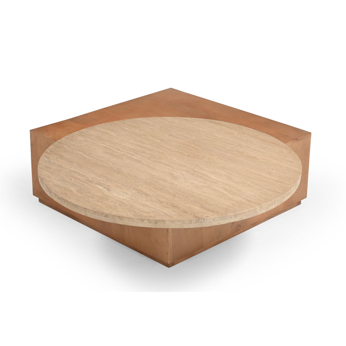 Salontafel met rond licht houten blad en hoekige houten onderbouw, bovenhoek.