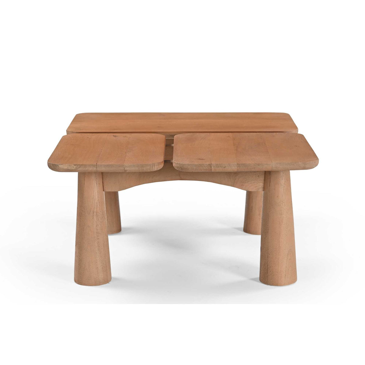 Houten salontafel met twee bladdelen, lichtbruin hout en 4 taps toelopende poten