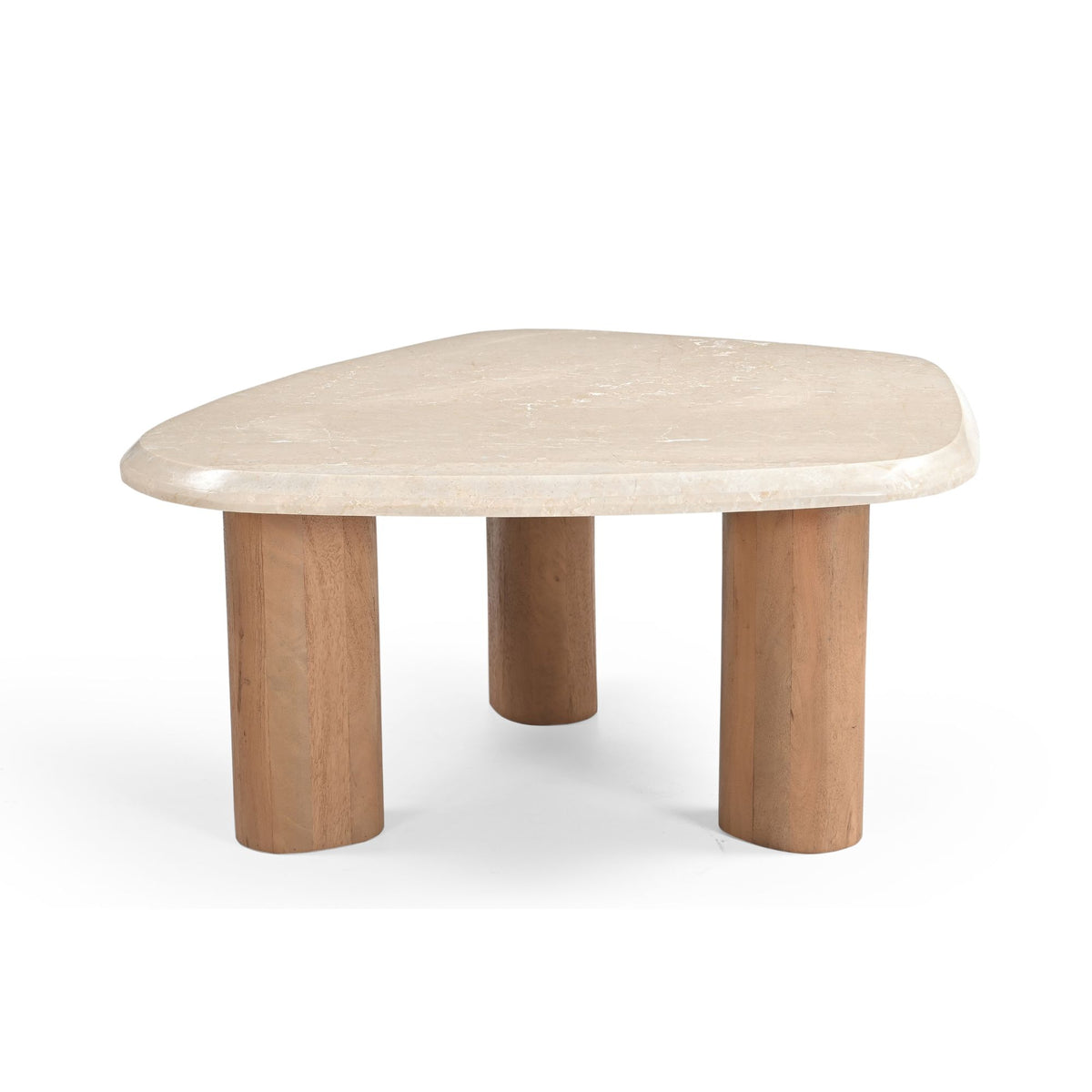 Ronde salontafel Nuvé met lichtbeige marmerlook blad en 4 houten pootjes.