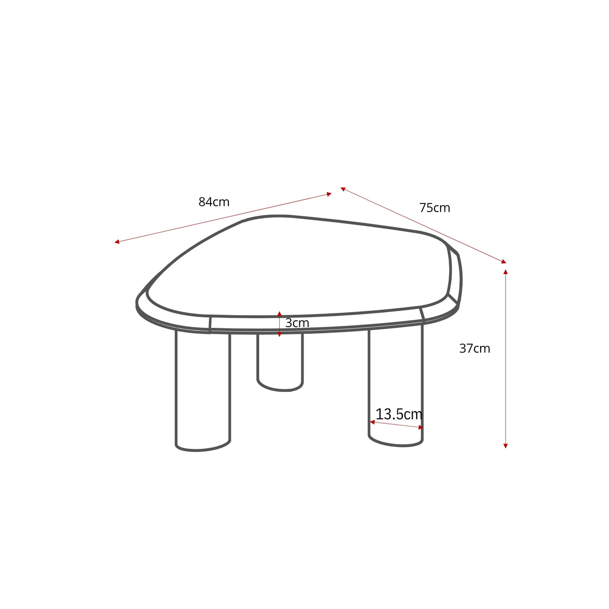 Afmetingenschets salontafel Nuvé: 84 cm breed, 75 cm diep, 37 cm hoog.