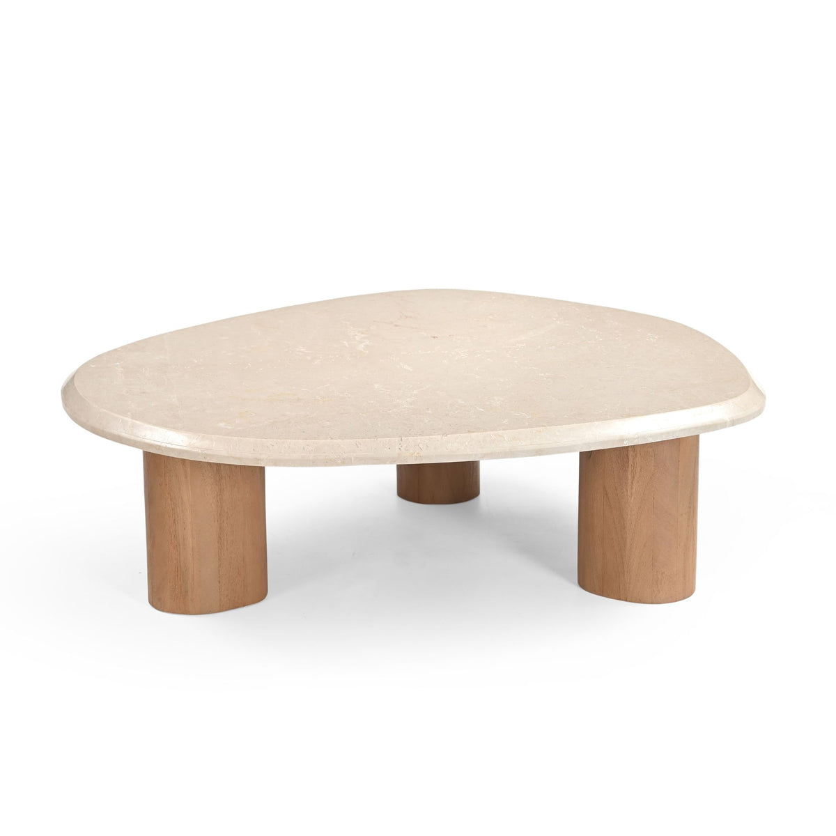 Ronde salontafel met licht marmerlook blad en houten poten.
