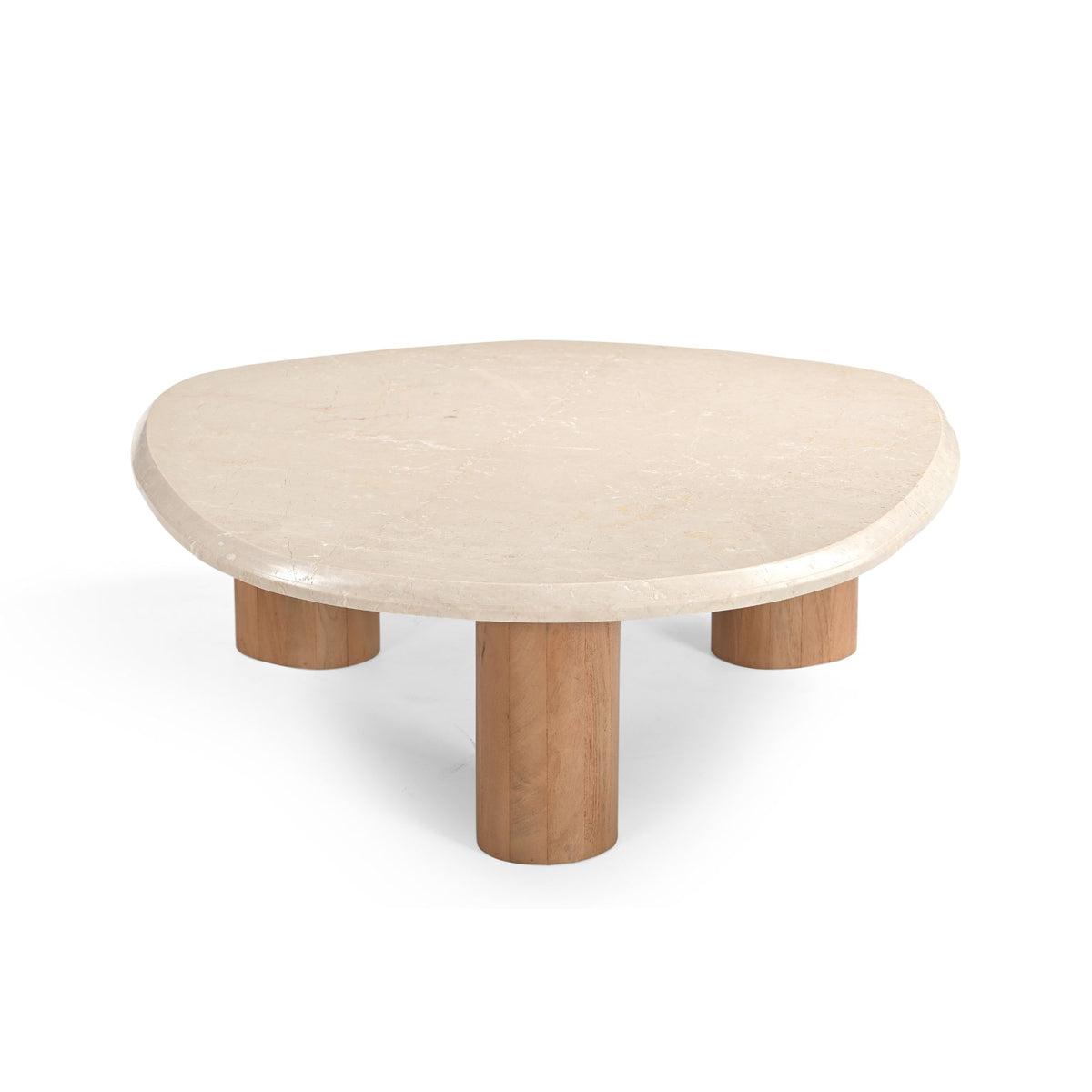Ronde salontafel met beige marmerlook blad en houten poten.