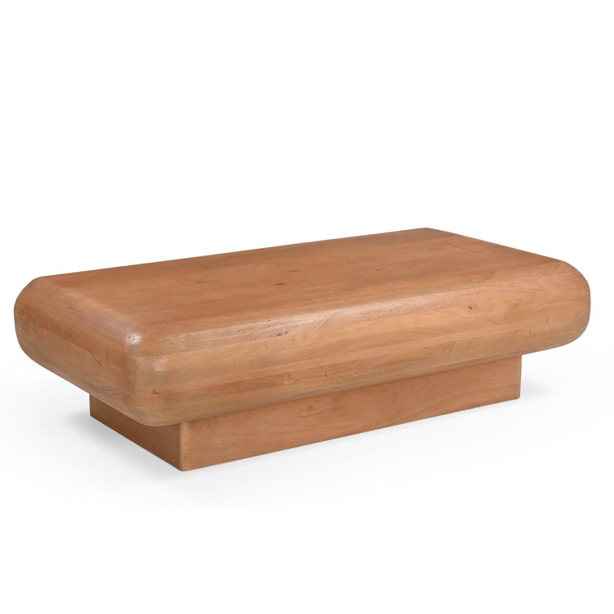 Salontafel Fedde in licht hout met lang gebogen blad en lage steun