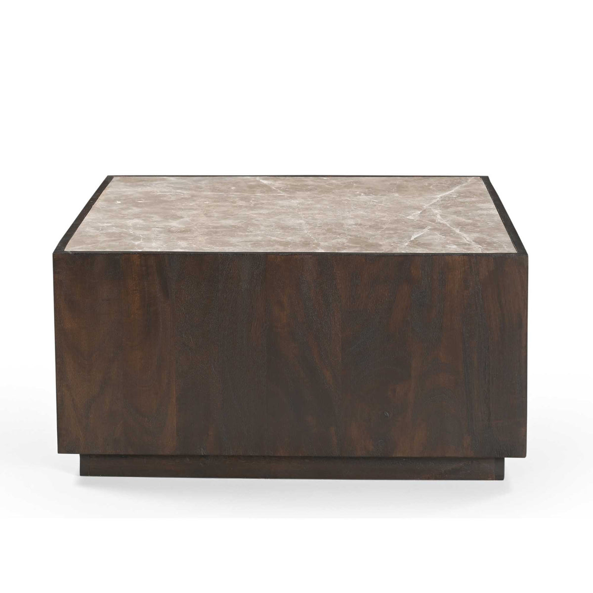 Salontafel van donker hout met beige marmeren blad en lage, rechte vorm.