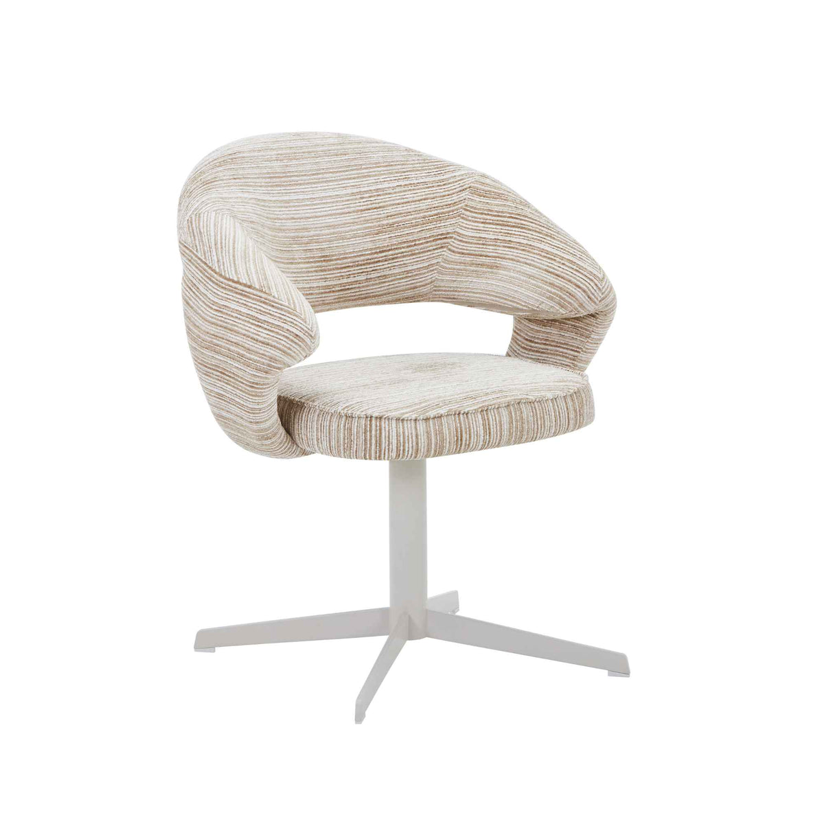 Draaibare eetkamerstoel met ronde zit, beige gestreepte stof en armleuningen, wit stervoet.