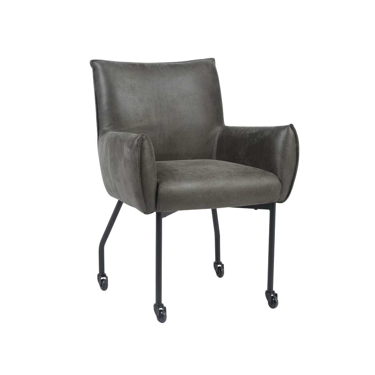 Eetkamerstoel met donkergrijze bekleding, fauteuilvorm en zwarte wieltjes