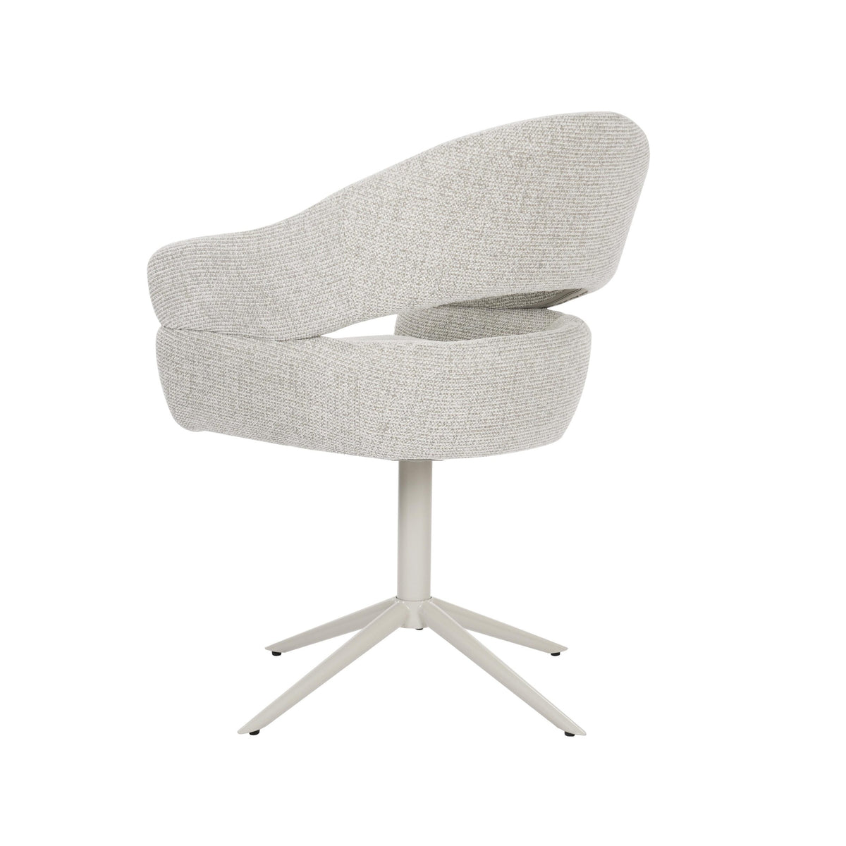 Draaibare eetkamerstoel in beige bouclé, zwenkdesign met afgeronde kuip en vijf steunpoten