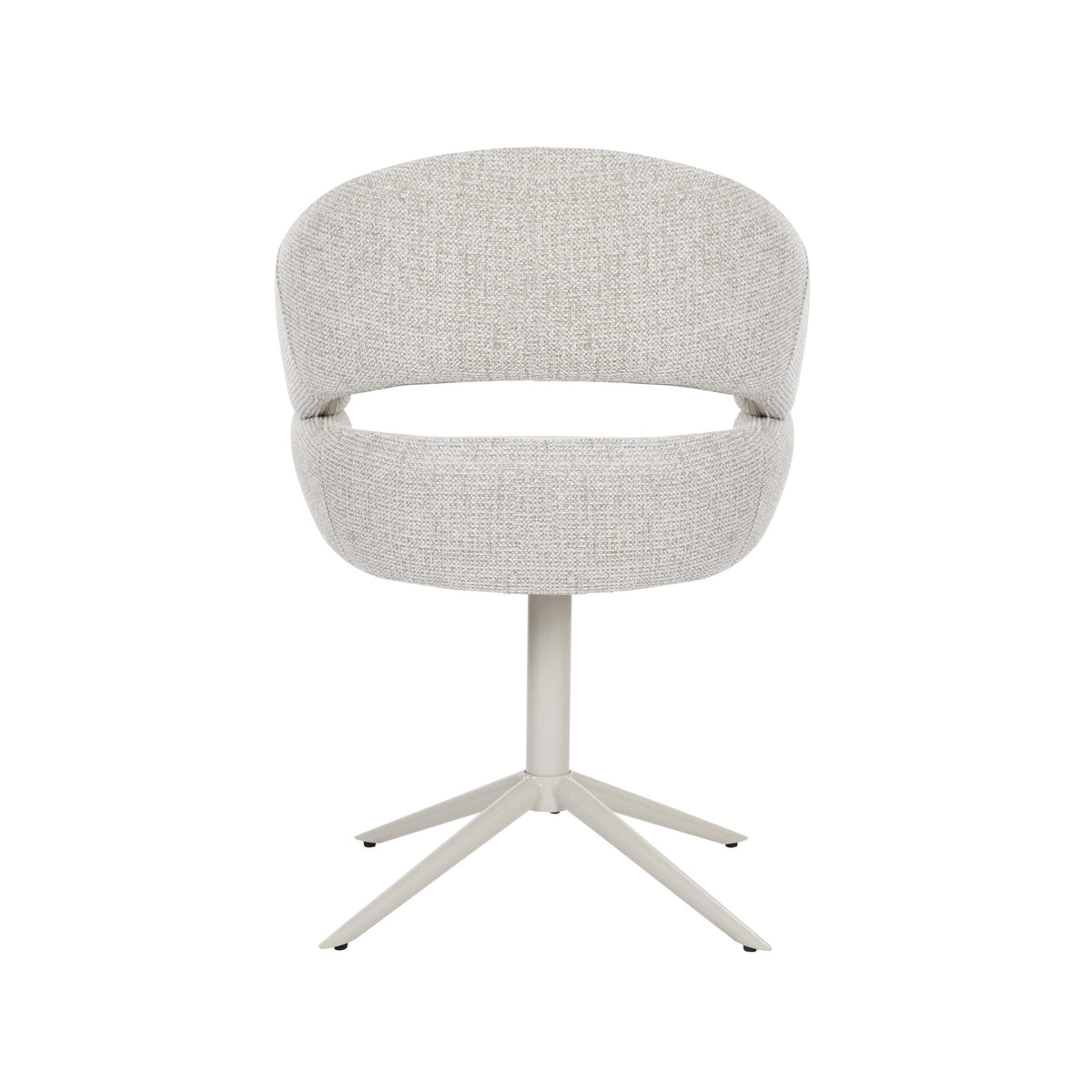 Draaibare eetkamerstoel met beige bouclé bekleding, ronde rug, vijfpunts witte draaivoet
