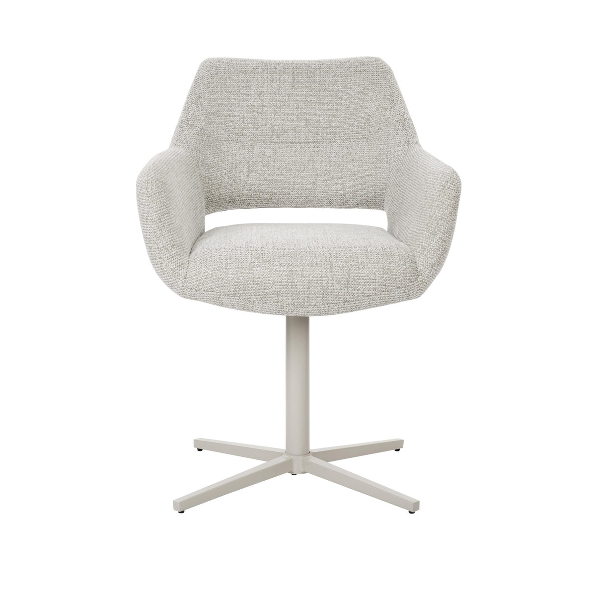 Draaibare eetkamerstoel met beige bouclé zitting en brede armleuningen, wit metalen kruispoot