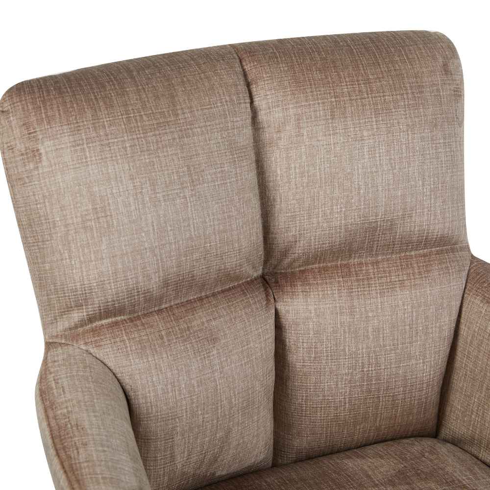 Hooggepolsterde rug en armleuning, taupekleurige stof met zichtbare naad.