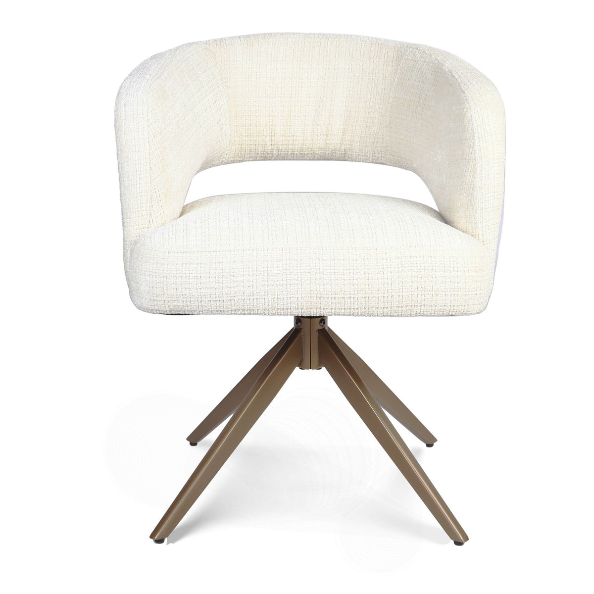 Eetkamerstoel met hoge rug, off-white zitting en armleuningen, bronzen poten