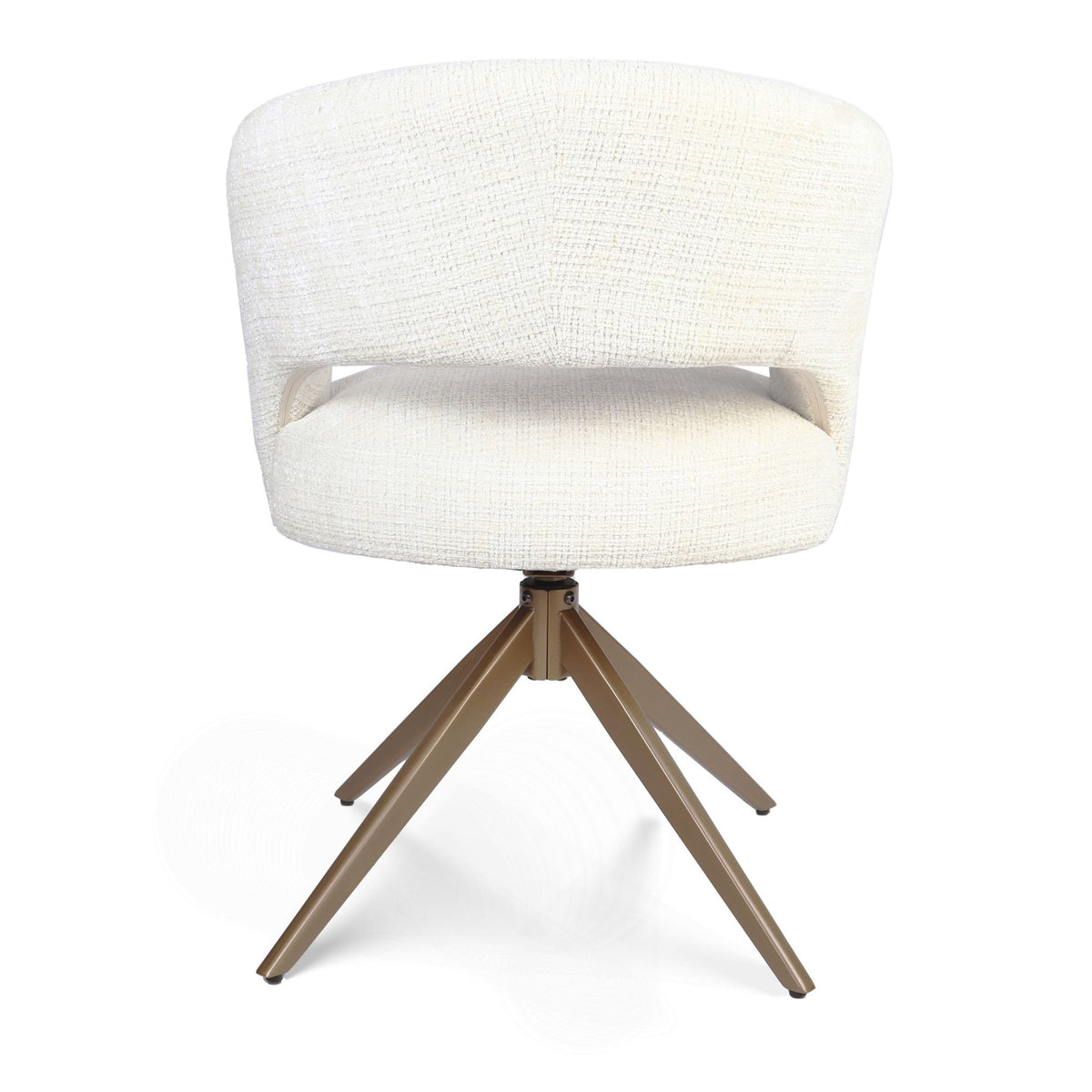 Eetkamerstoel met off-white bekleding, afgeronde rug, armleuningen en bronzen poten