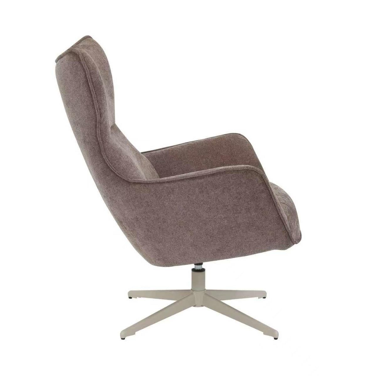 Bruine stoffen fauteuil met hoge zijkanten, armleuningen en draaibare stervoet