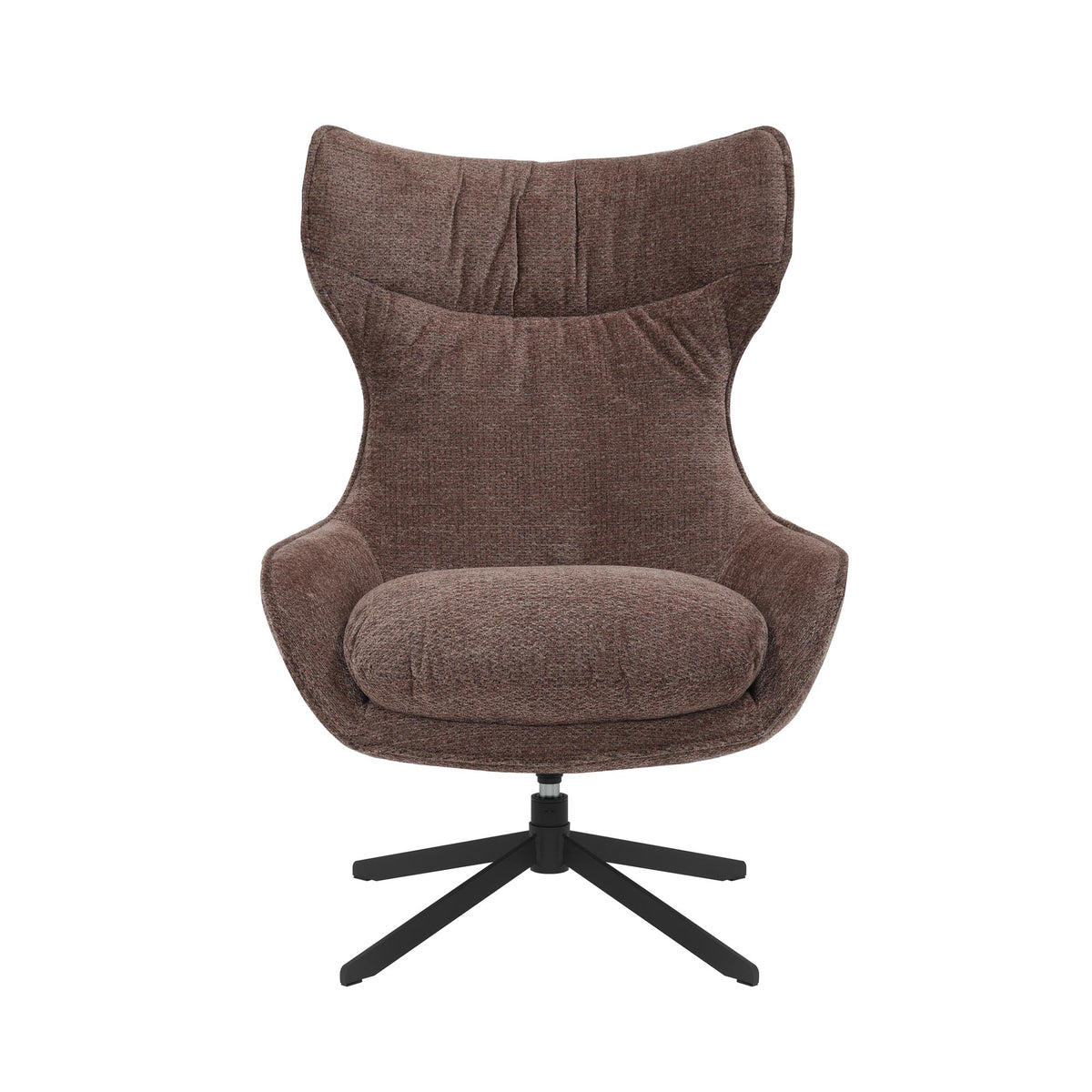 Fauteuil Olivia, draaistoel met hoge rug en ronde armleuningen, donkere stof.