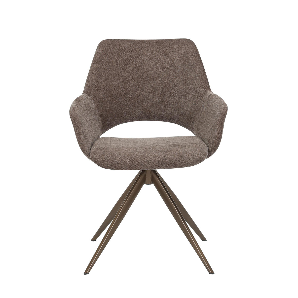 Eetkamerstoel met ronde zitting en stoffen rug, donkerbruine bekleding, houten poten.