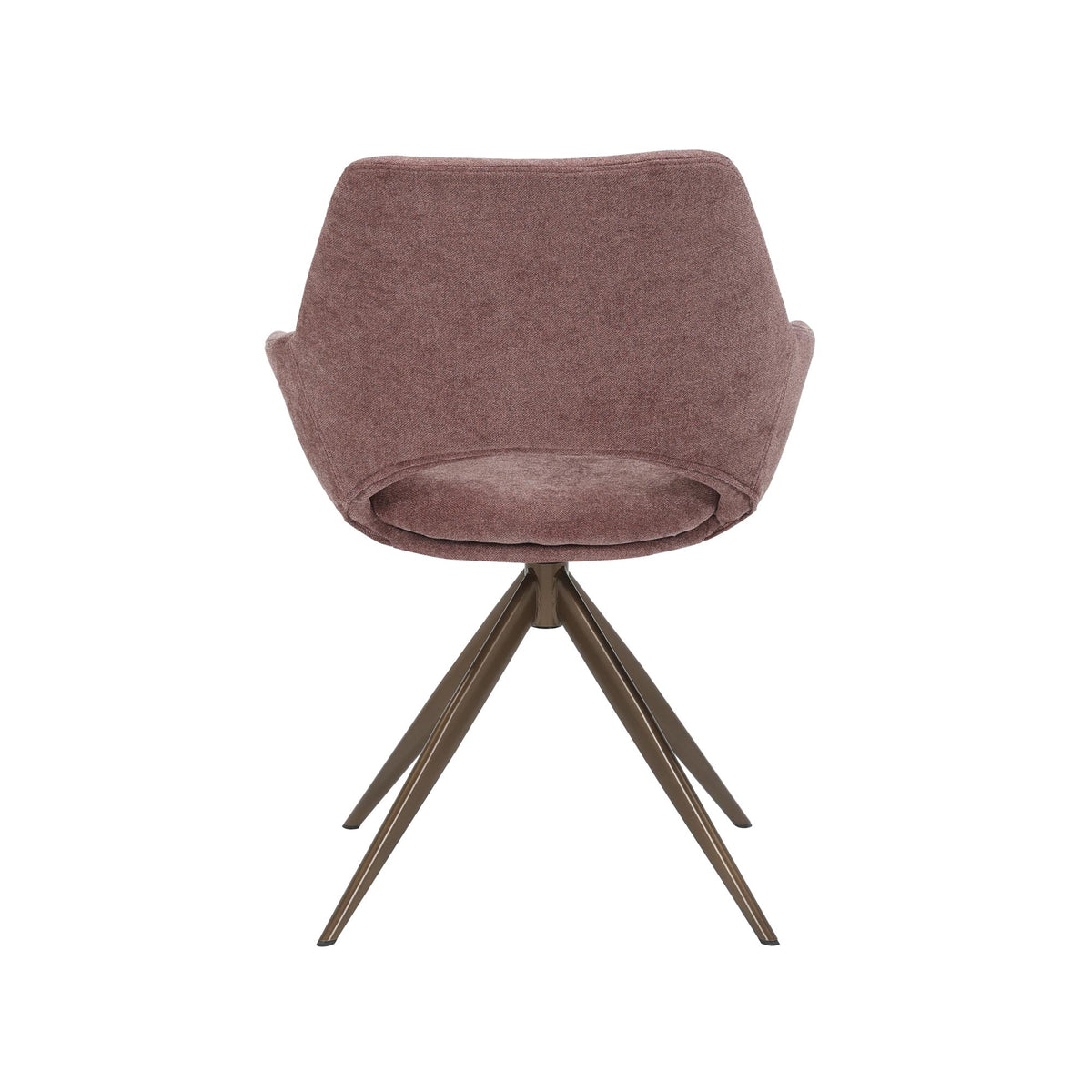 Eetkamerstoel met mauve stoffering, lage rug met afgeronde vorm en sterpoot.