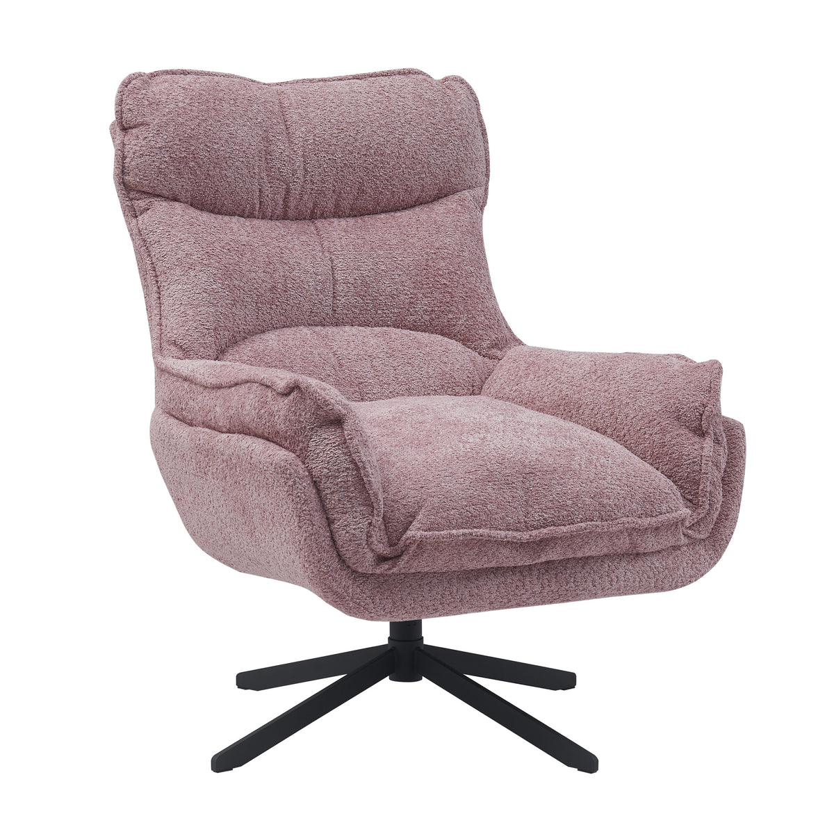 Roze draaifauteuil Vera met hoge rug, dikke kussens, brede armleuningen en zwarte voet.