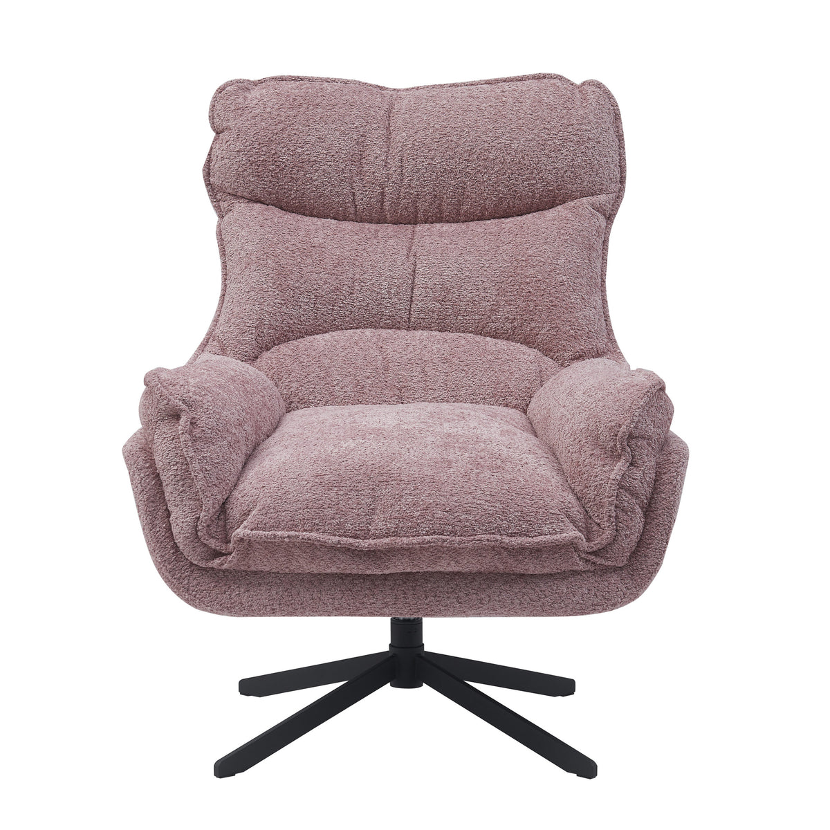 Roze fauteuil met hoge rug en ingestikte details, dikke zitting en zwarte stervoet.