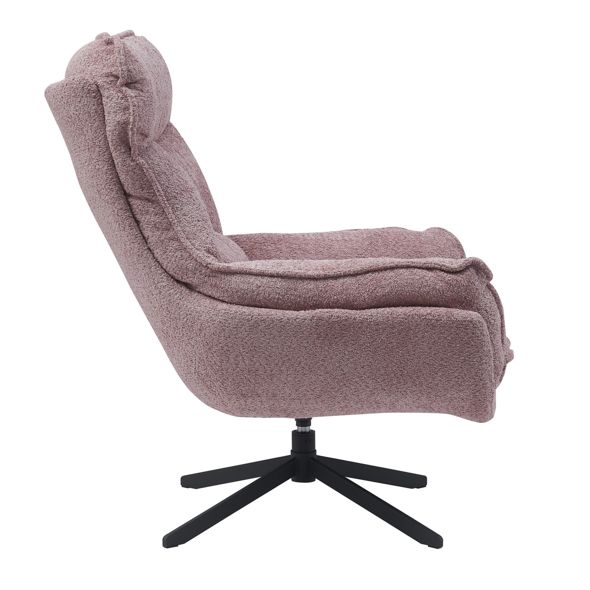 Roze fauteuil in zijaanzicht met gebogen armleuning, zachte zitting en zwarte draaivoet.