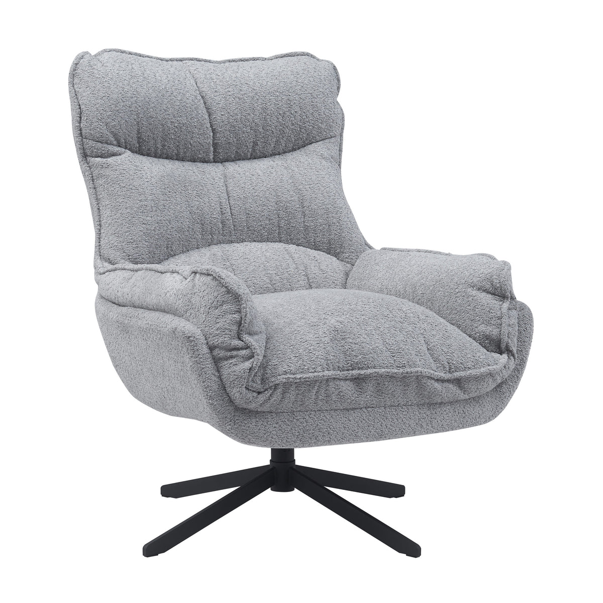 Lichtgrijze fauteuil met gewatteerde rug, open armleuning en zwarte draaivoet met vijf poten.