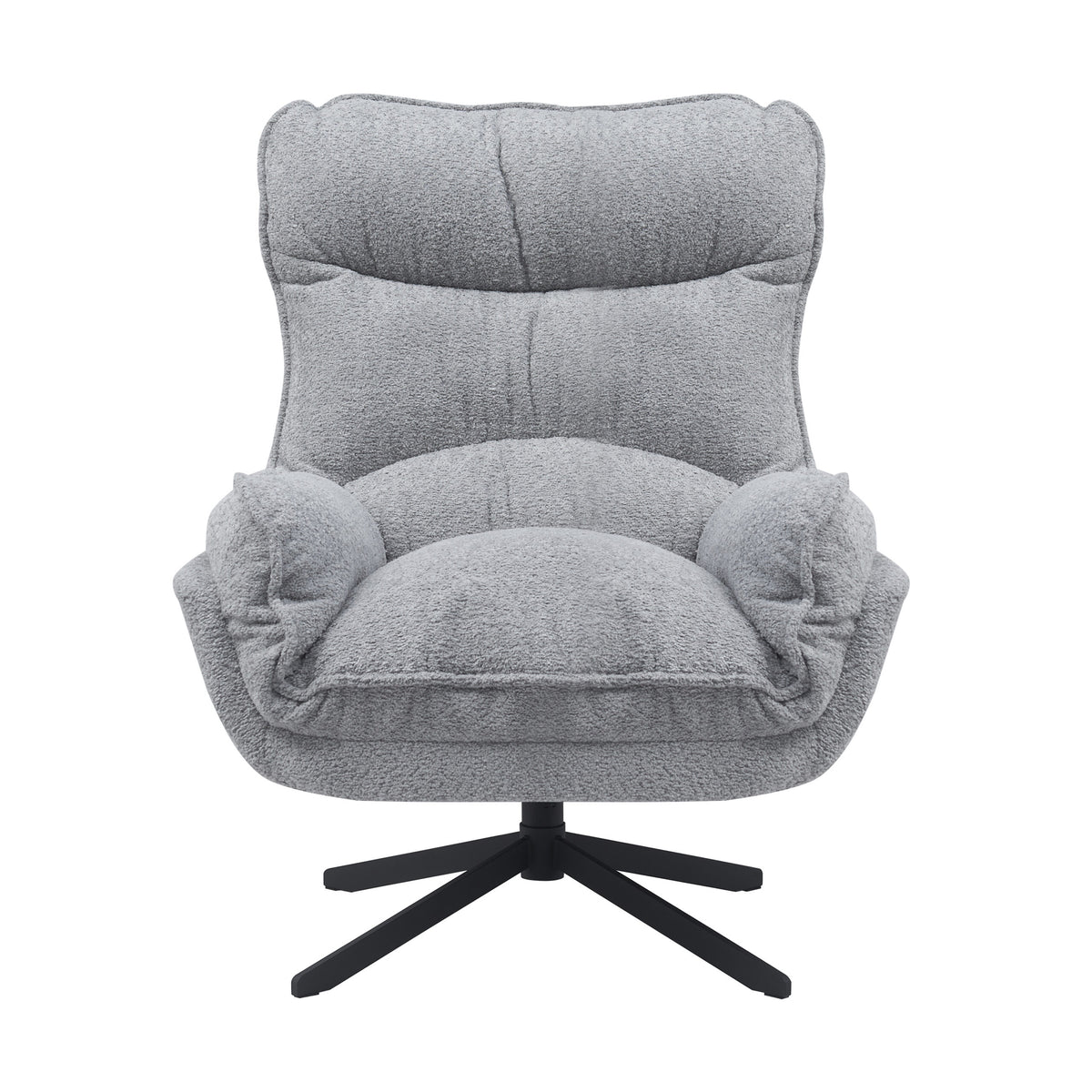Lichtgrijze fauteuil met hoge rug en extra brede zitting, zwarte draaivoet met vijf poten.