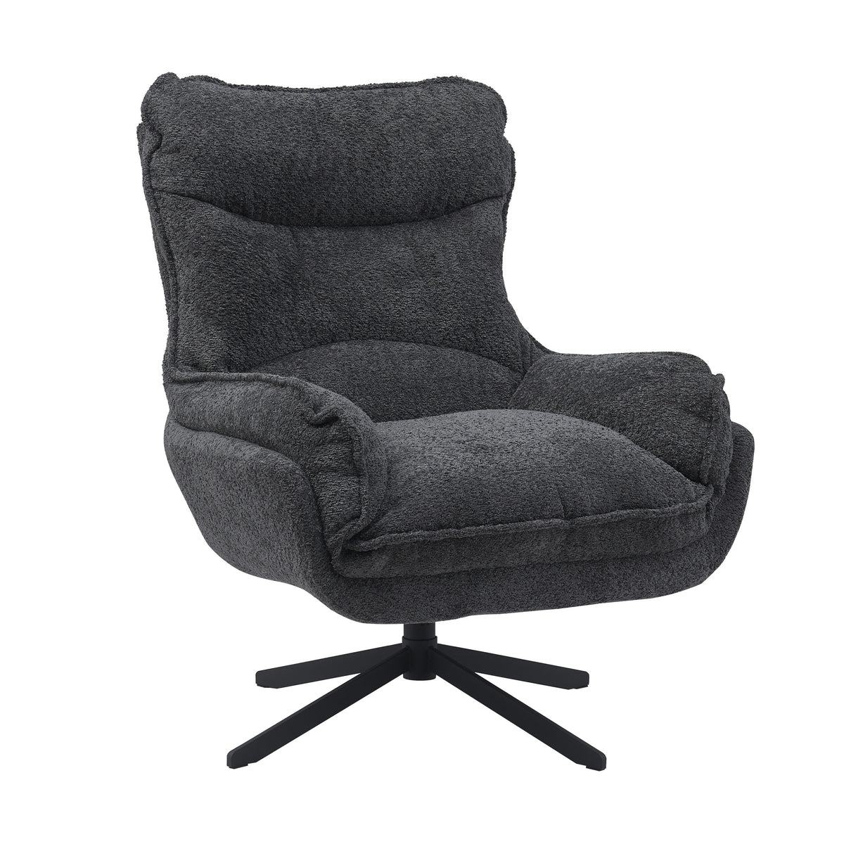 Donkergrijze fauteuil in profiel met gewatteerde rug, zitting en vijfpoot