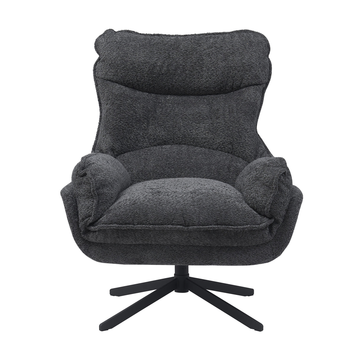 Donkergrijze fauteuil met hoge rug en brede zitting op draaibare vijfpoot