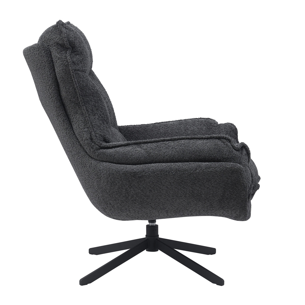 Donkergrijze fauteuil met diepe zitting, opgestikte arm en gedraaide vijfpoot