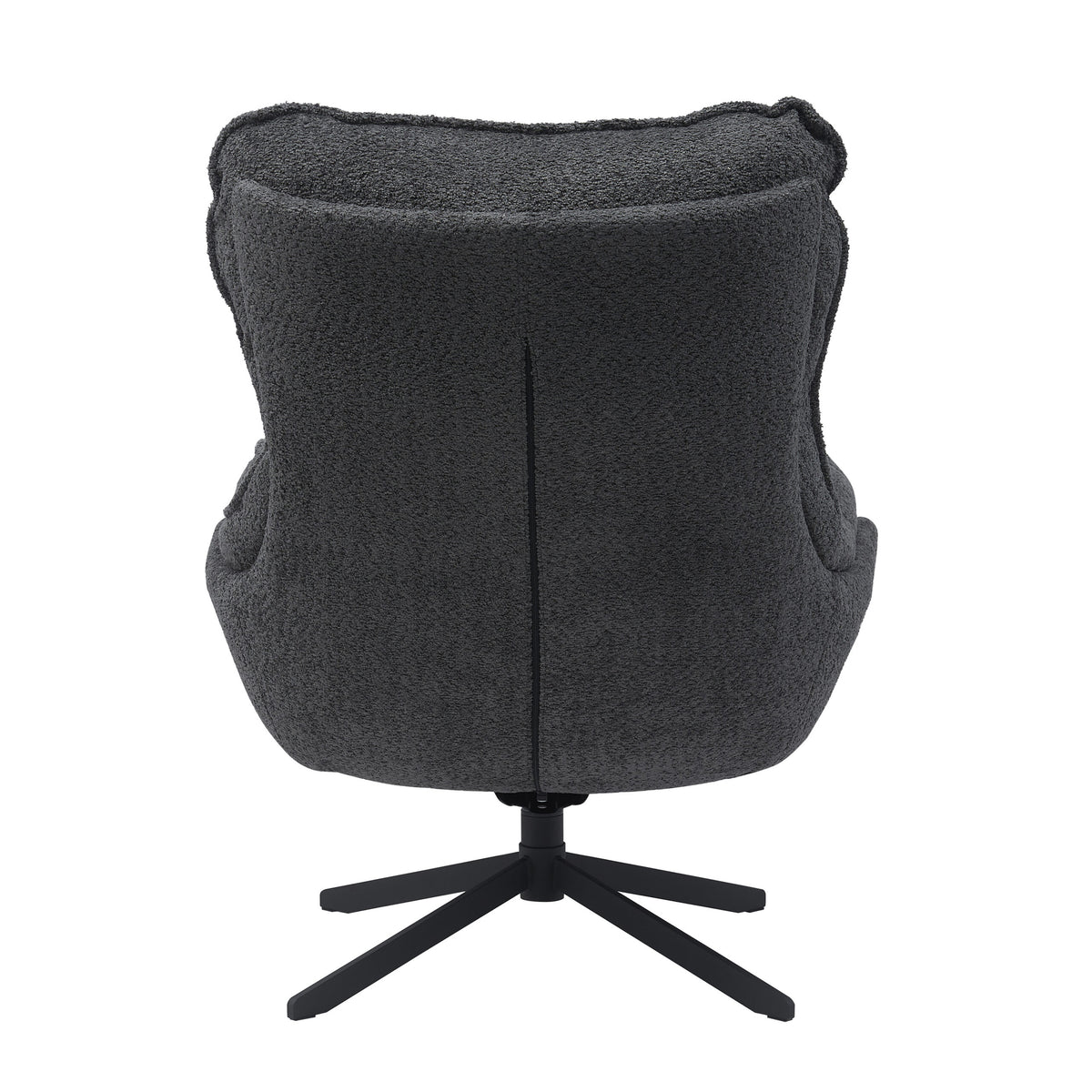 Donkergrijze fauteuil met hoge rug en ronde stiksels, op draaibare vijfpoot