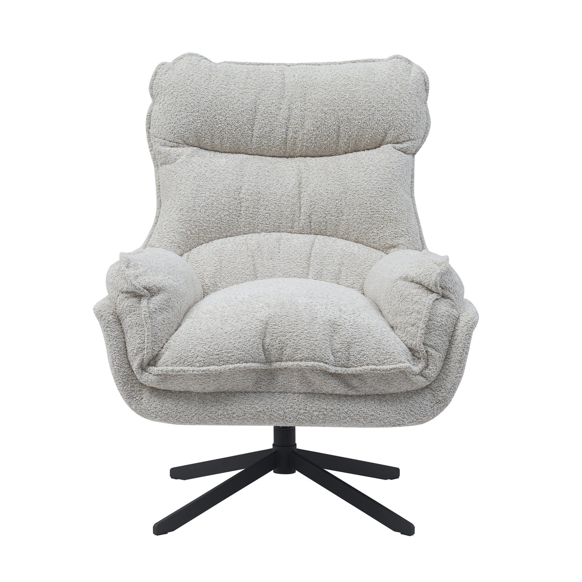 Draaifauteuil in gebroken-witte bouclé met hoge rug, dikke zitting en zwarte stervoet.
