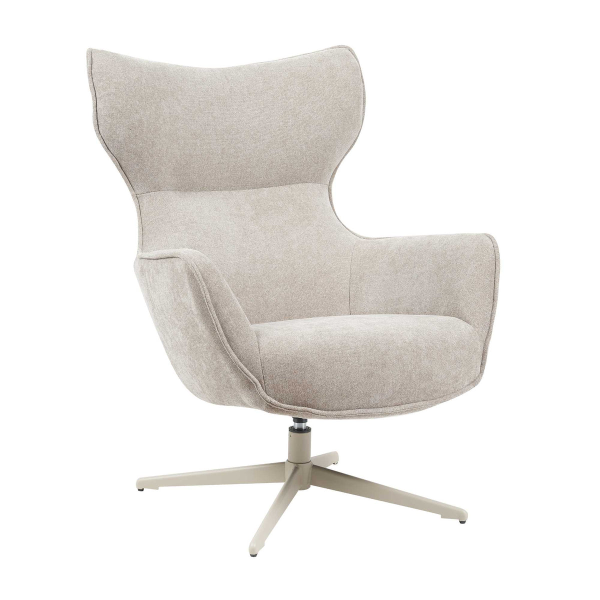 Leunstoel taupe met open kuipvorm, hoge rugleuning en brede zitting, stervoet