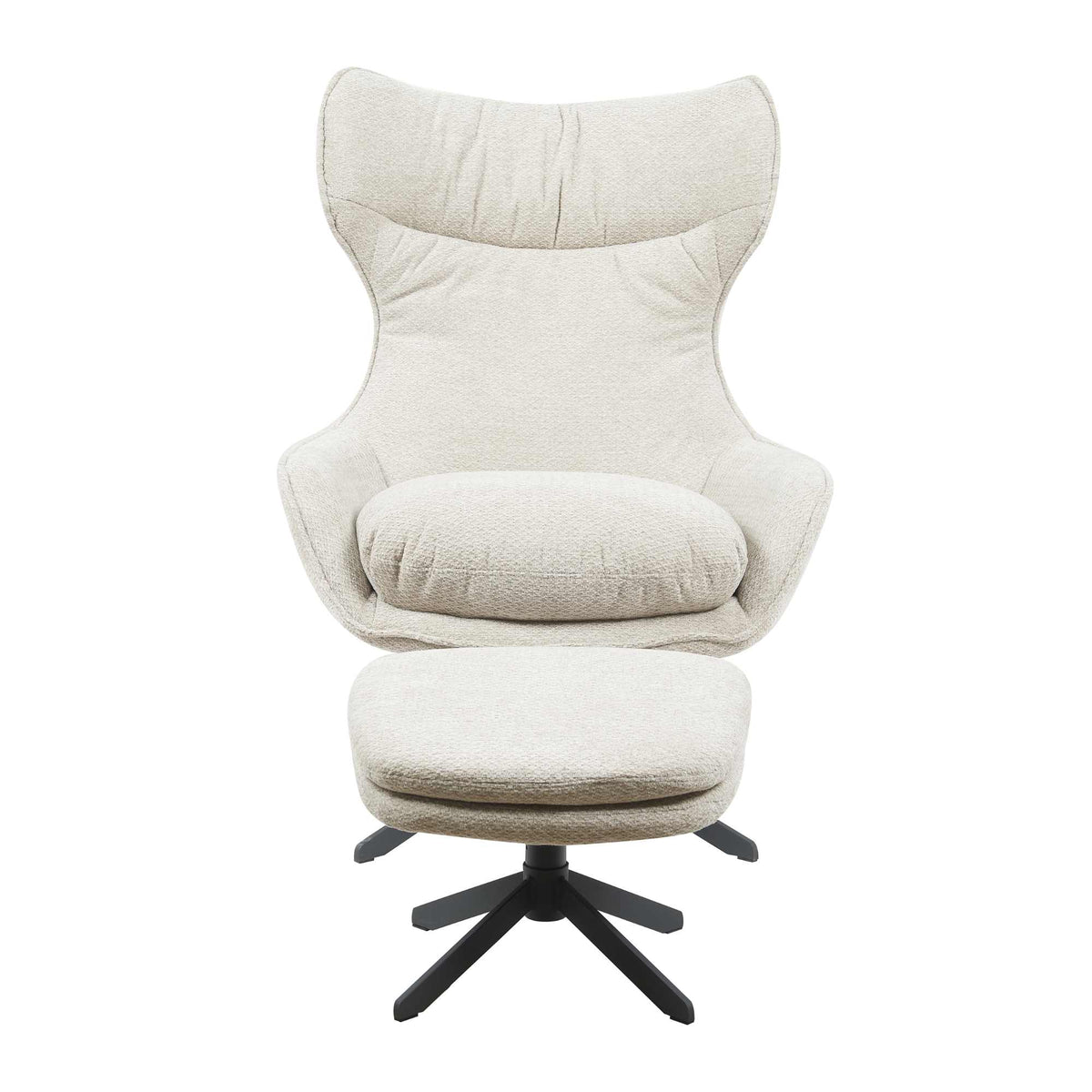 Beige Olivia-fauteuil met hoge rug en poef op zwarte draaivoet