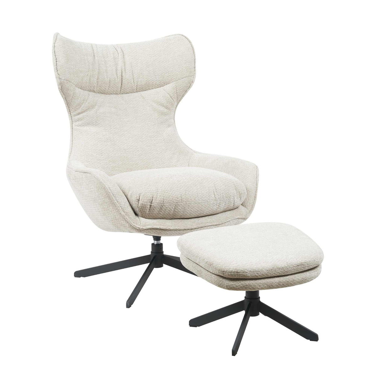 Olivia-fauteuil met kuipvormige rug en poef op draaivoet