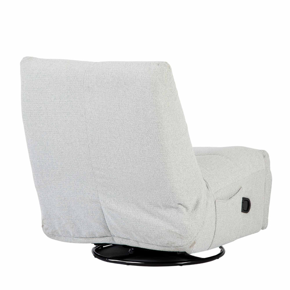 Lichtgrijze relaxfauteuil zijaanzicht met voetensteun en zwarte onderstelring
